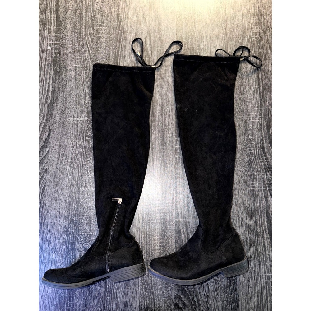 Shoeland Black Faux Suede Over Knee OTK Flat Boots Women 6 Thigh High Zip
